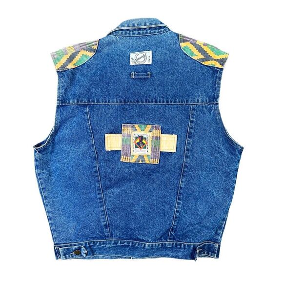 Vintage 90’s Shooters Jeans Aztec Print Denim Button-Down Vest - Picture 4 of 6